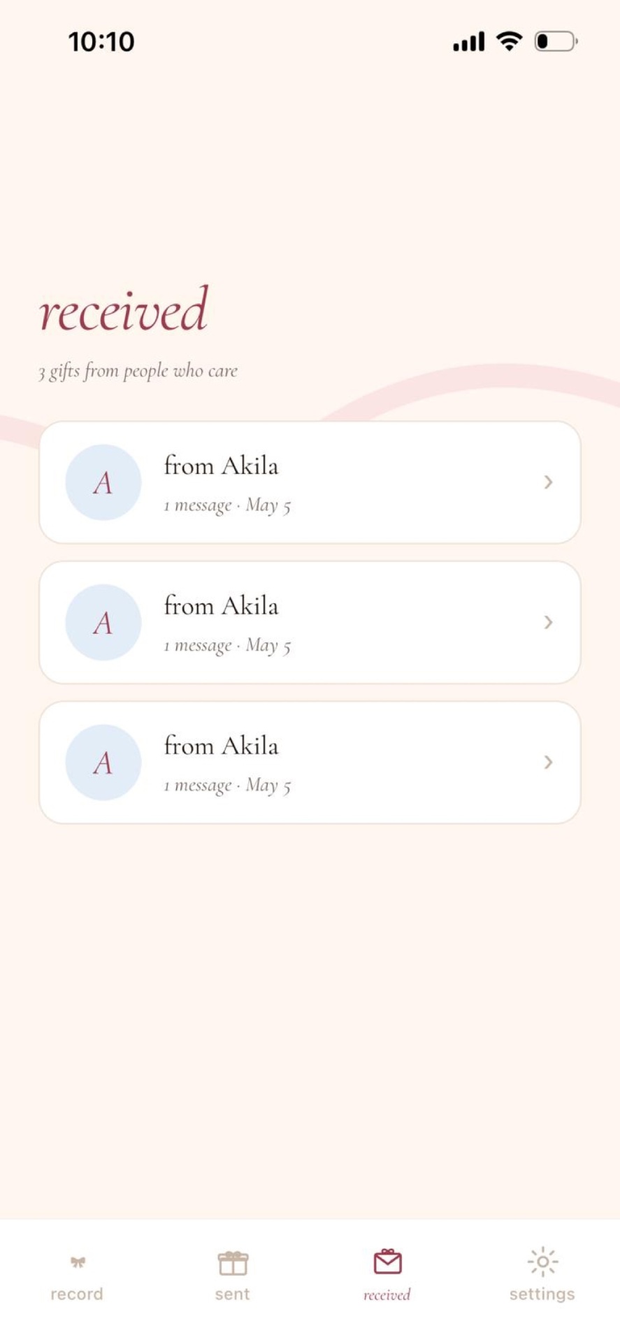 giftstring received gifts screen