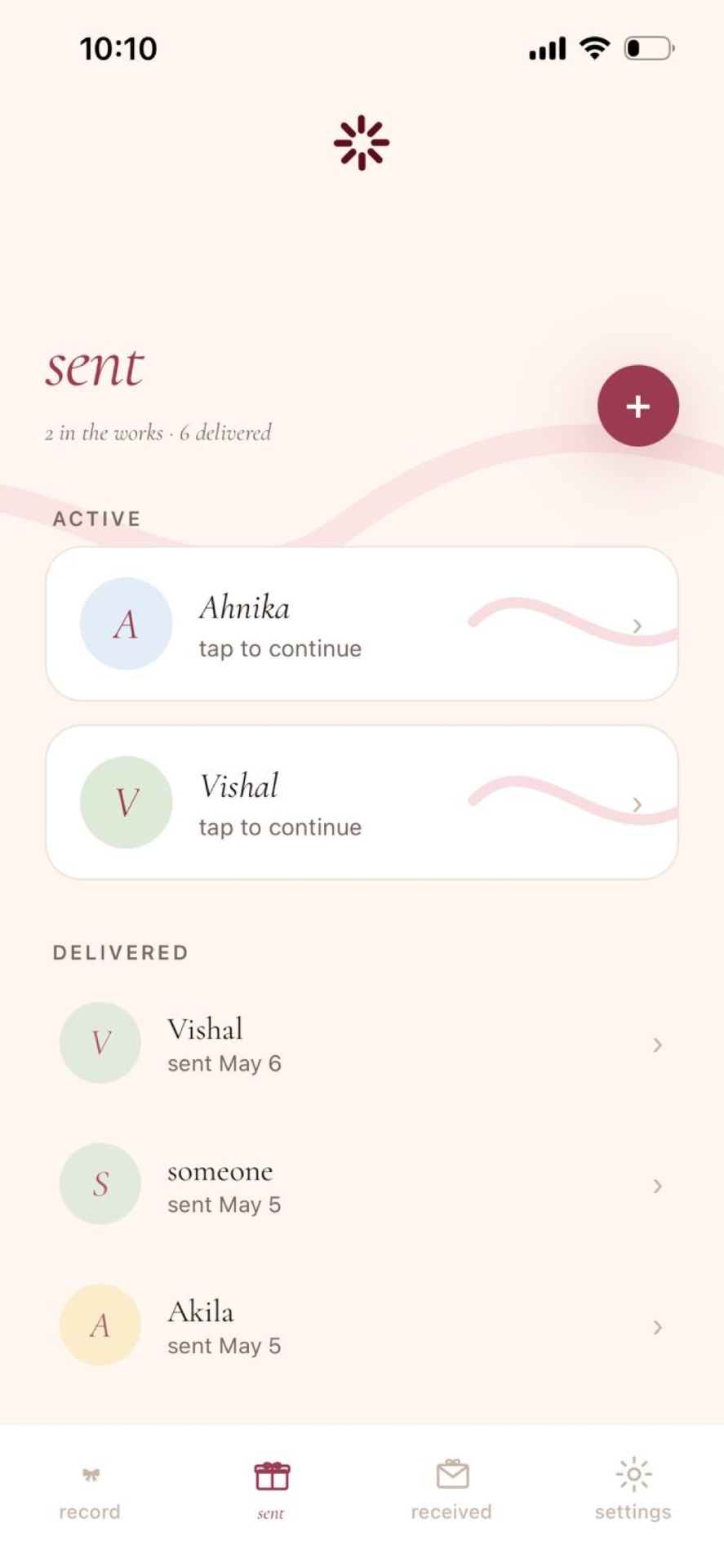 giftstring sent gifts screen